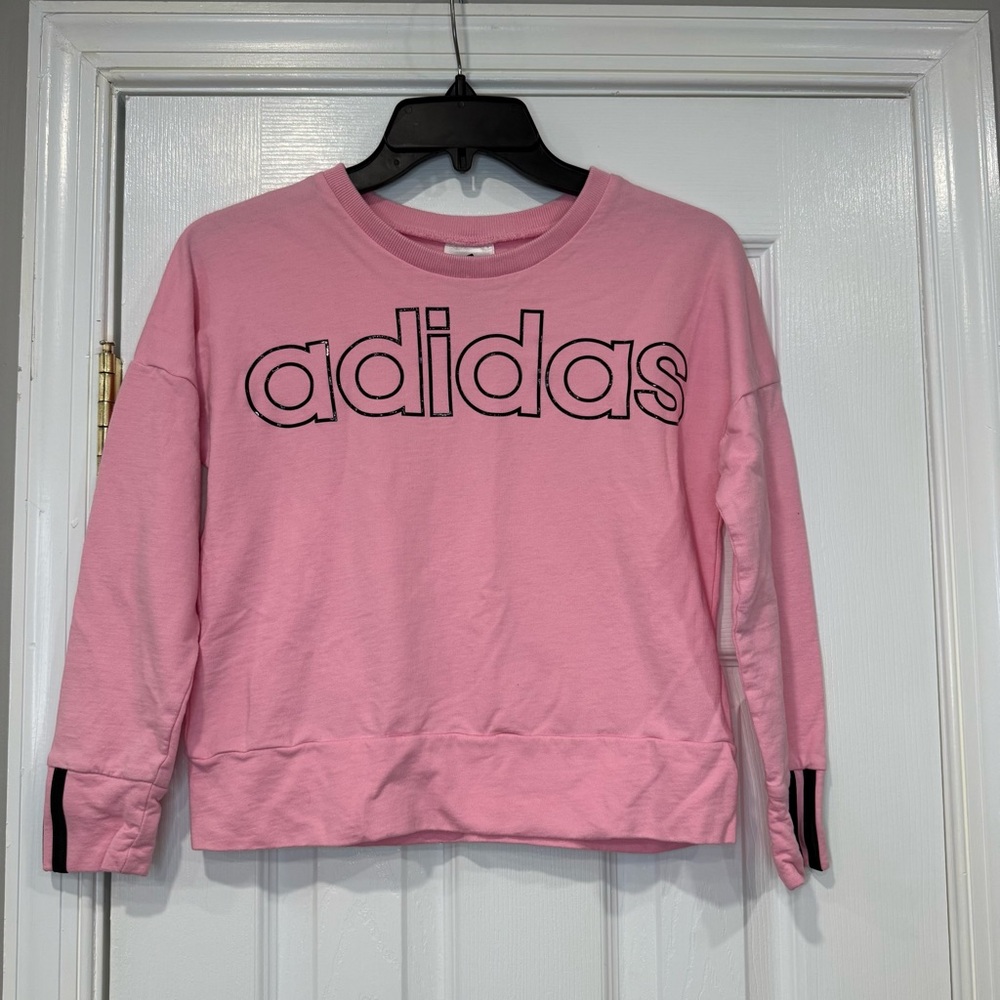 Adidas Pink Black 3 Stripe Pullover Sweatshirt Long Sleeve Girls Large 14